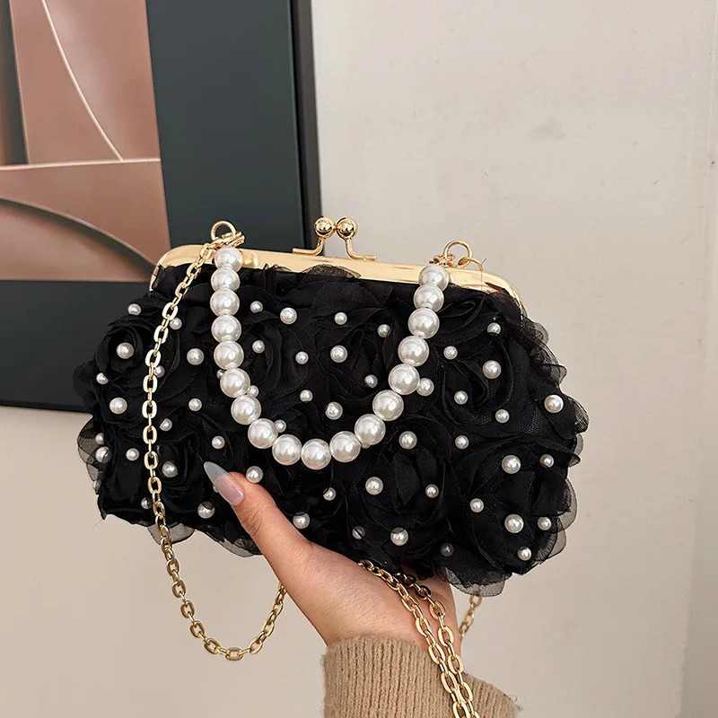 

Fashion Elegant Mesh Flower Shell Evening Bags Pearl Handbag Clutches For Women Prom Party Chain Shoulder Bag Crossbody Femme