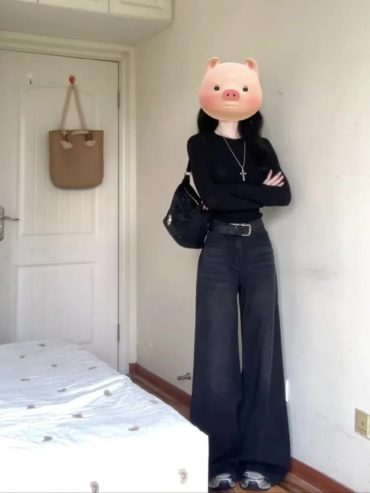 

Ретро джинсы с высокой талией и широкими штанинами, женские, свободные, повседневные, стройнящие, прямые, расклешенные, весна-осень, с эффектом потертости