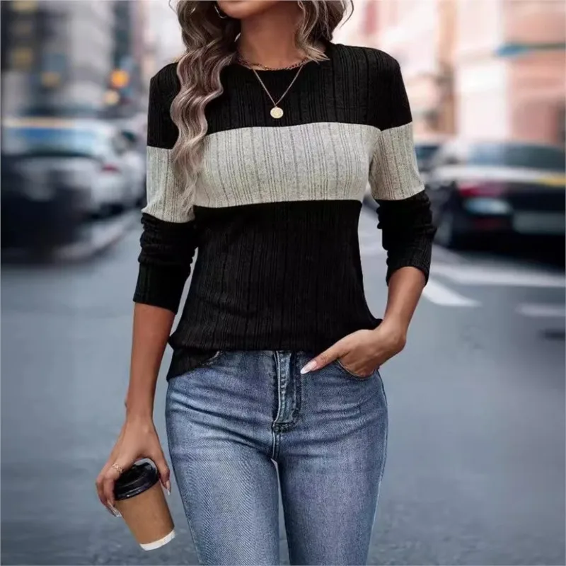 Women\'s Tops Autumn New Color Splicing Crew-neck Long Sleeve Top T-shirt Elegant Vintage Striped Slim Casual Winte Women Clothes