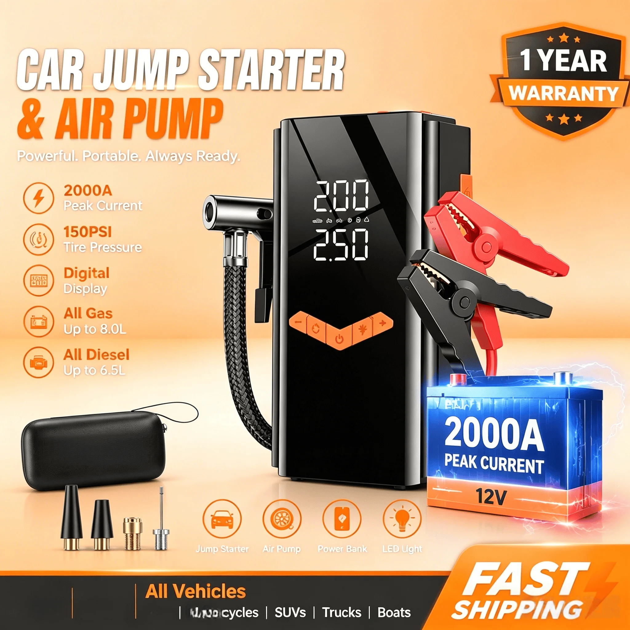Jump Starter Cable 2000A - 150PSI 4-IN-1 Car Jump Starter With