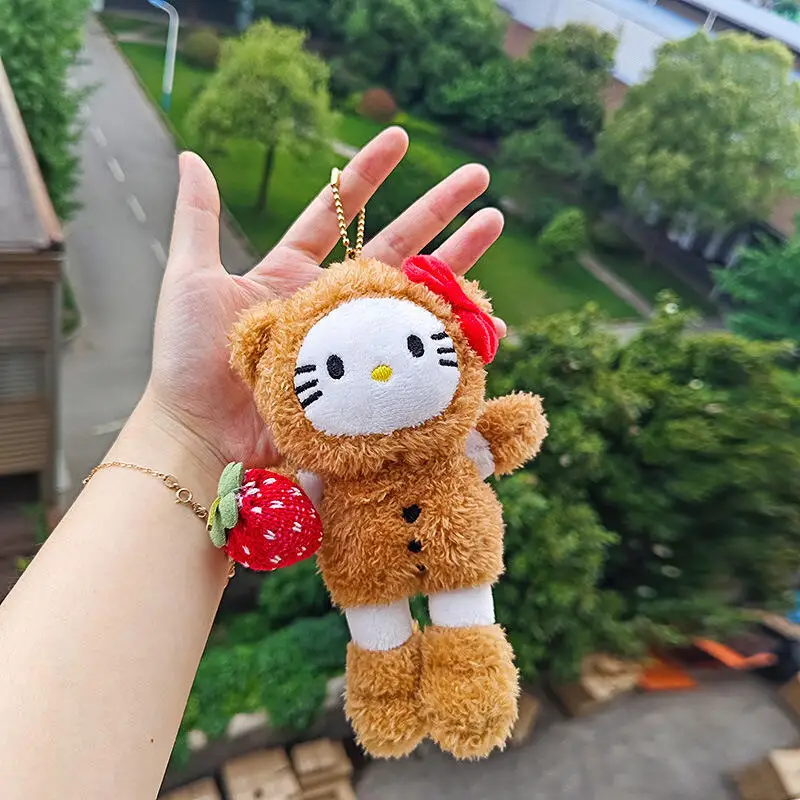 Sanrio Hellokitty Peluche Ornamento Cartone Animato Kawaii Hawaiano in Pelle Nera Peluche Ciondolo per Auto Studente Zaino Portachiavi Regalo per Bambini