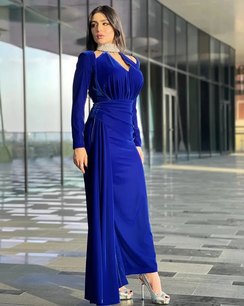 Vestido de noite elegante sereia azul veludo feminino, vestidos de baile, decote em v, miçangas, cabeçada, mangas compridas, comprimento do tornozelo, plissado, novo, 2024