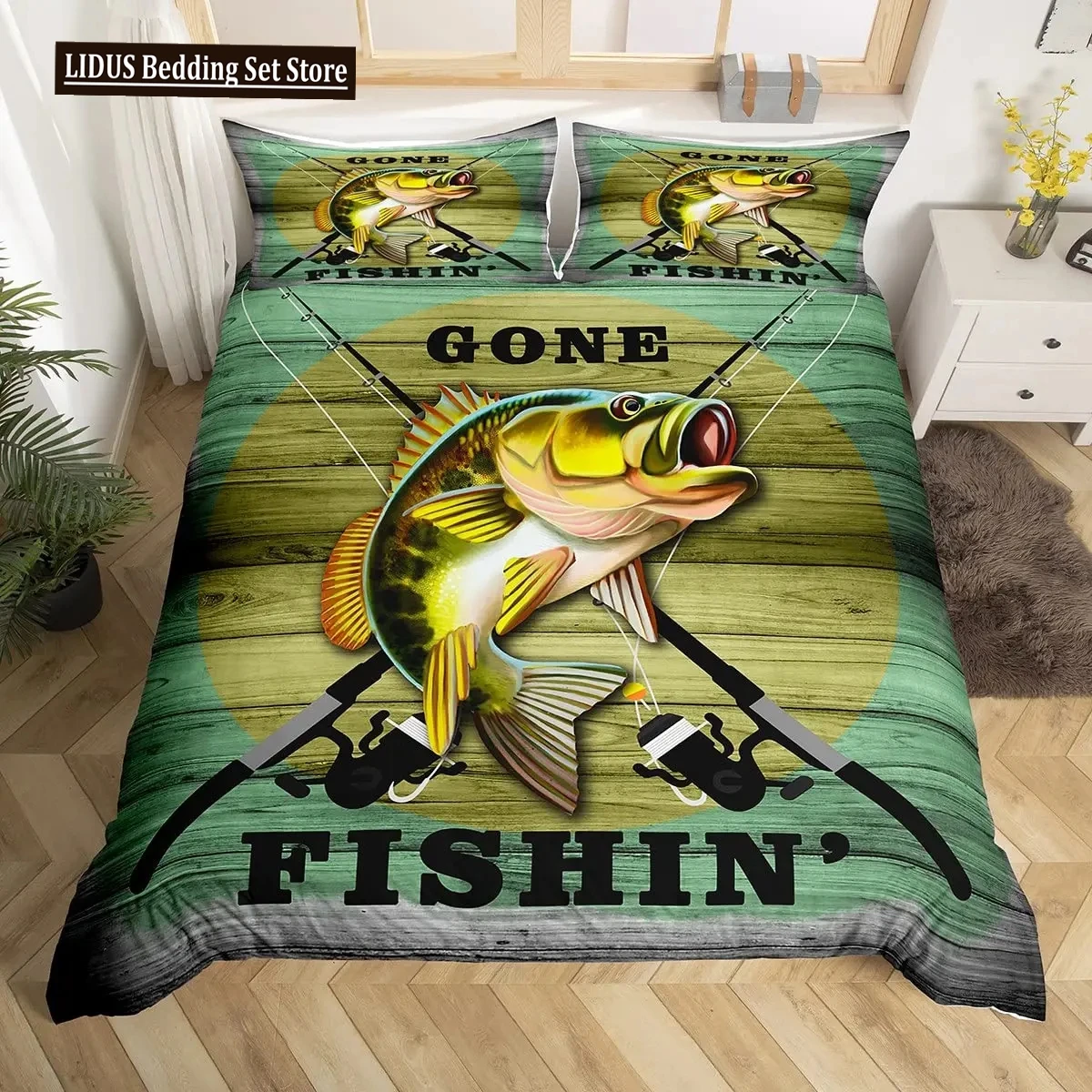 

Pike Fish Bedding Striped Bass Big Pattern Hunting And Fishing Themed Duvet Cover For Boys BedRoom Decorations For Teens