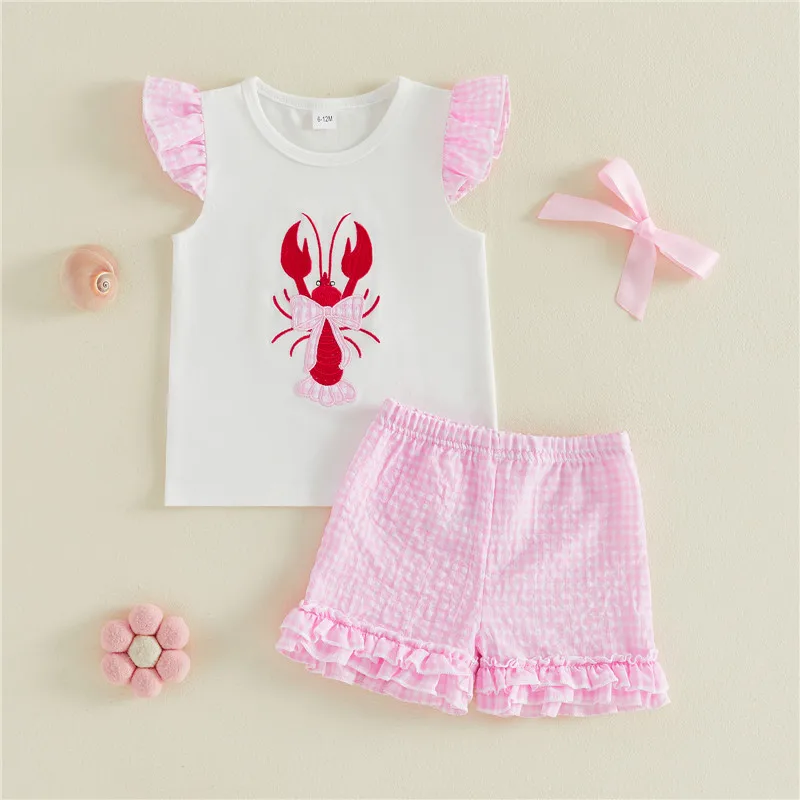 1-4years Girls 2 Piece Outfits Lobster Bow Embroidery Flying Sleeve  Tops  Plaid Shorts Set for toddler girls