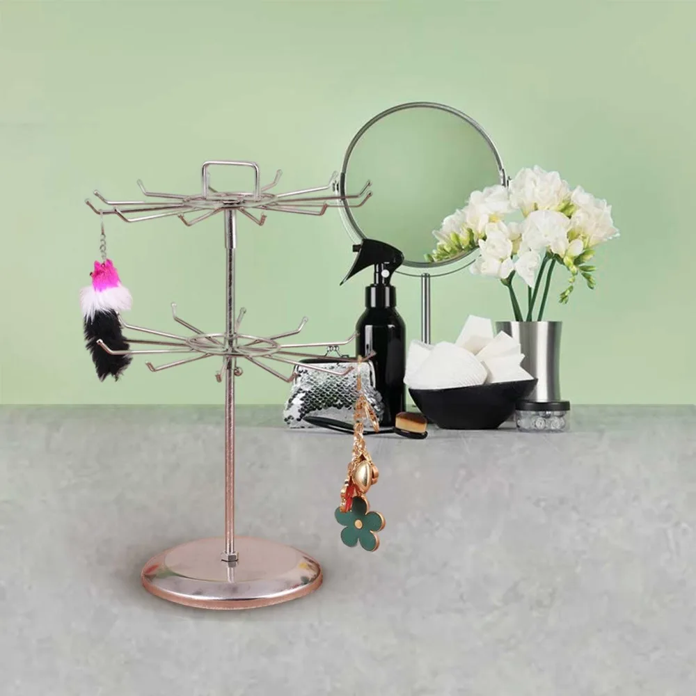 2-Tier Design Jewelry Organizer Stand Iron Material Rotatable Rotating Jewelry Holder Round Shape Hooks Included