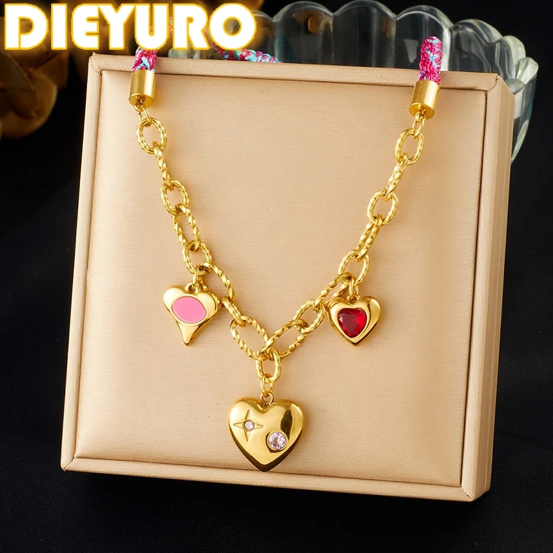 DIEYURO 316L Stainless Steel Golden Heart Inlay Zircon Star Pendant Necklace Lady Trend Fashion Colored Rope Chain Jewelry