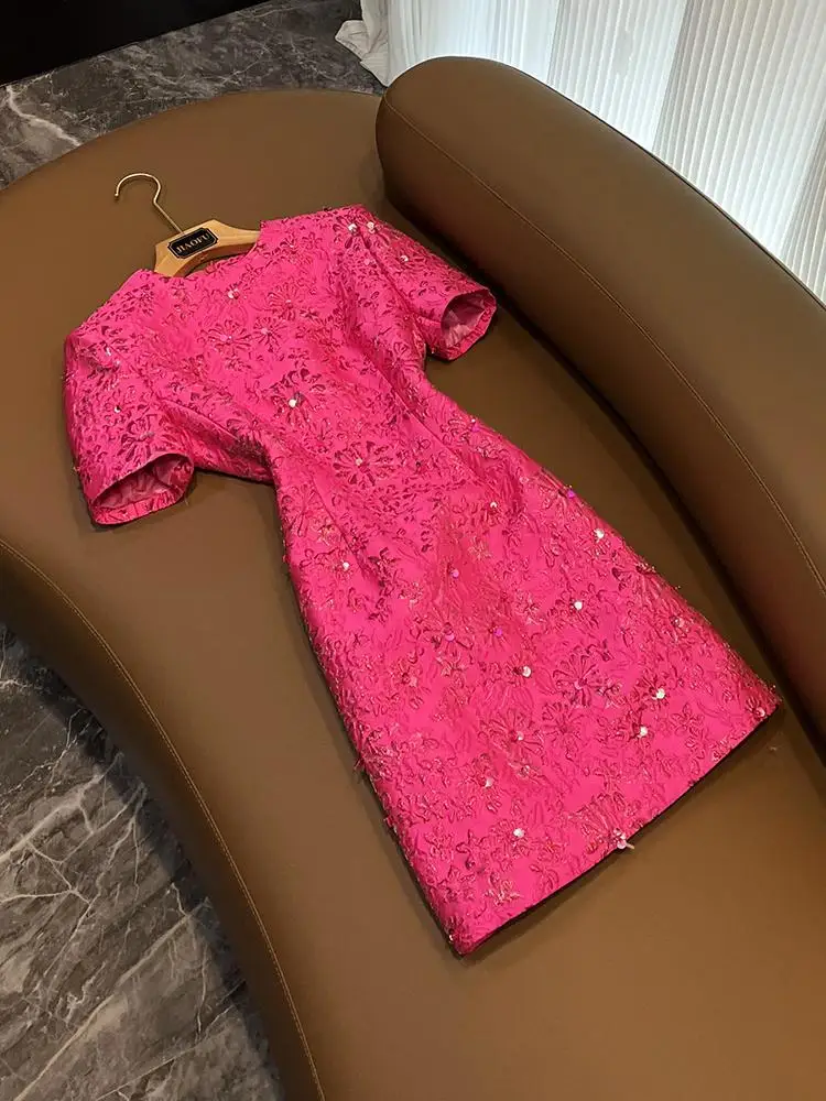 

Fashionable Short-Sleeved Embellished Dress Pink Series Heavy Embroidery Celebrity Style Commute Simple Design Mid-Waist Skirt