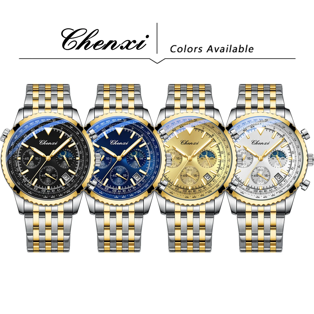 CHENXI, relojes dorados a la moda para hombre, luminoso, resistente al agua, calendario, reloj de cuarzo, esfera redonda, banda de acero inoxidable, relojes para hombre