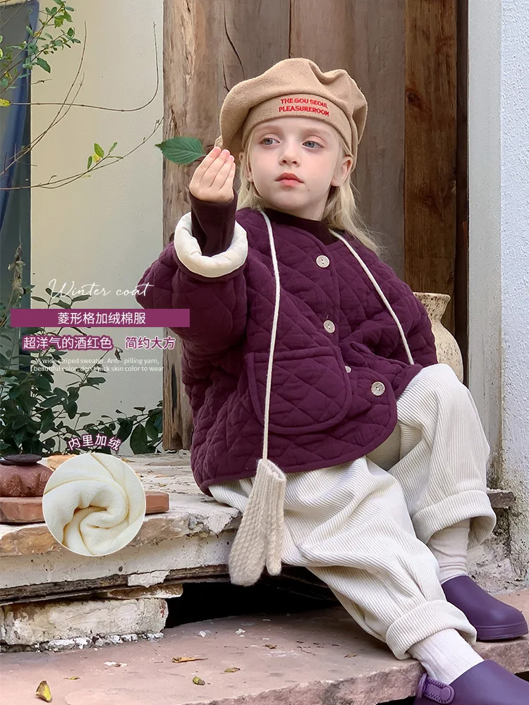 

Children's Cotton Jacket Winter New Girls' Retro Fleece-Lined Stylish Cotton Coat Baby Versatile Cotton Padded Jacket Outerwear