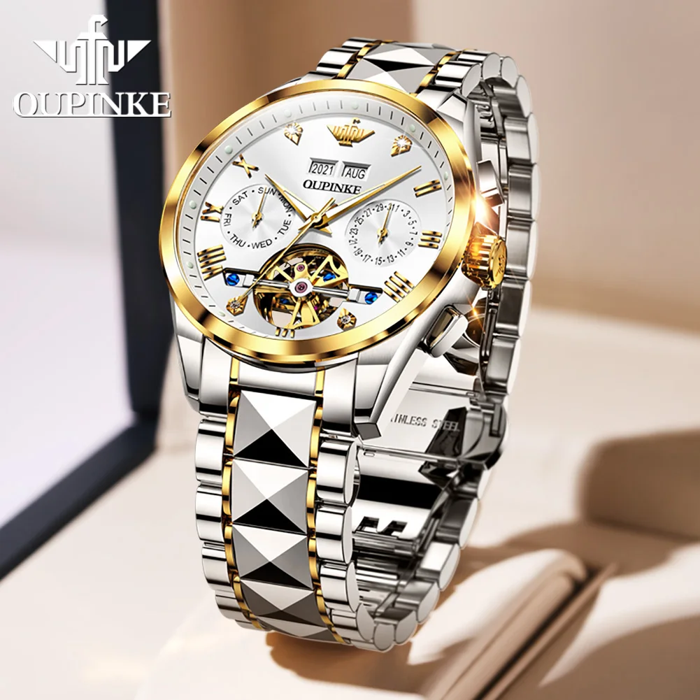 OUPINKE 3186 High Quality Luxury Skeleton Flywheel Automatic Watch for Men 5Bar Waterproof Dual Calendar Brand Men's Wristwatch