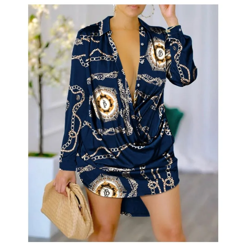 Spring Autumn Face Chain Letter Print Long Sleeve Shirt Mini Dress Robe Womens V Neck Buttons Front Casual Short Dresses Female