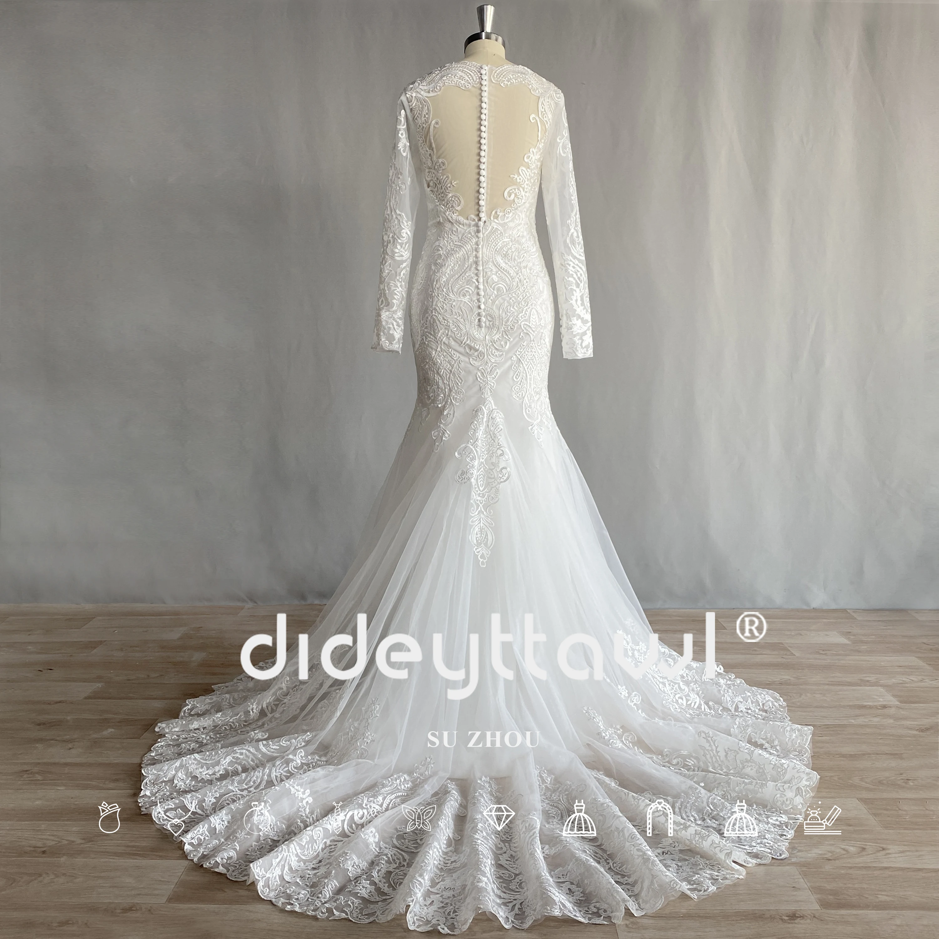 DIDEYTTAWL Long Sleeves Tulle Mermaid Wedding Dress For Women 2023 Lace Appliques Sweep Train Modern Bridal Gown Real Photos