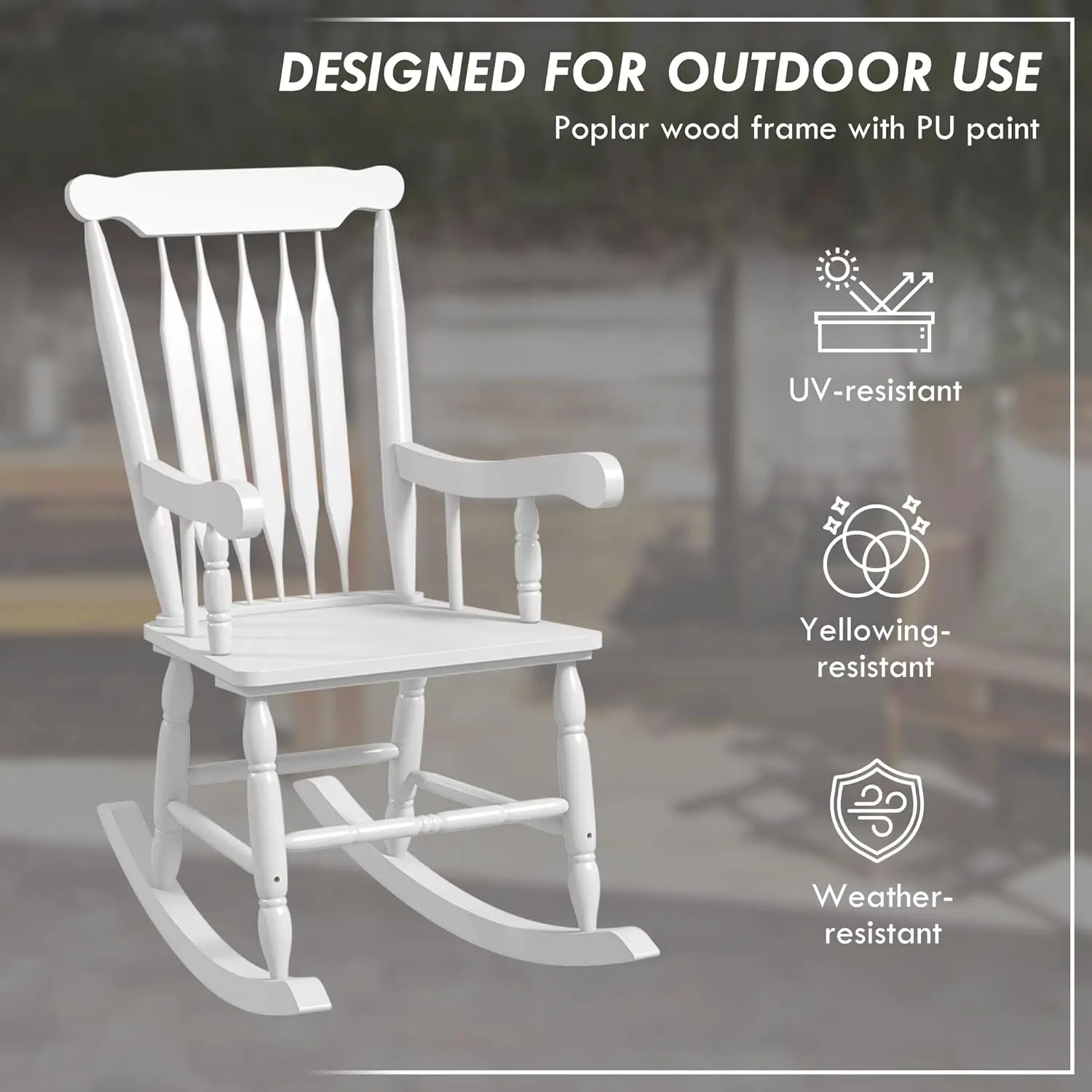 Outdoor Wood Rochair, 350 Lbs. Porch Rocker With High Ba For Garden, Patio, Balcony, White