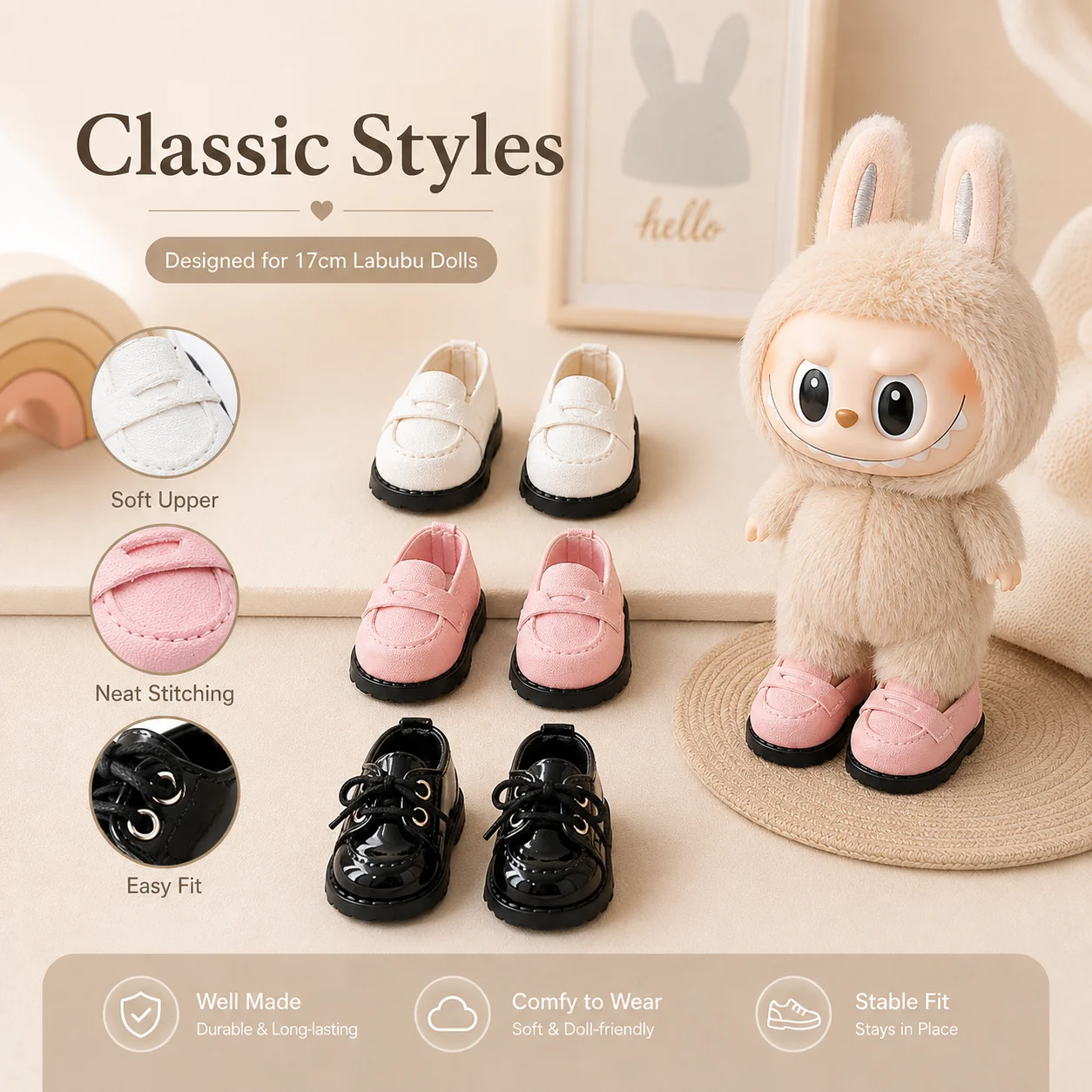 Cute Min Shoes for 17cm Labubu Doll Multi Color Mini Sneakers Loafers Dress Shoes Cute Replacement Footwear Accessories for Doll