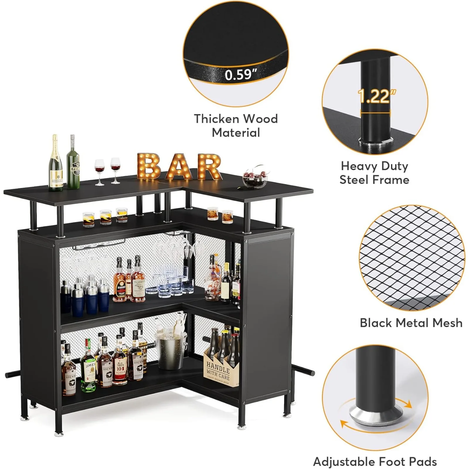 US Home Bar Unit, L-Shaped Bar Table with Stemware Racks and 2-Tier Shelves, Corner Mini Coffee Liquor Cabinet