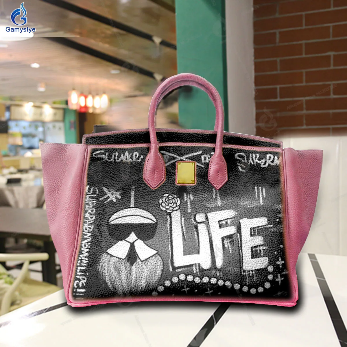 

Hand Draw Customize Art English LIFE Bag Genuine Togo Leather For women Handbags Designer Shoulder Bag Unique personality Travel