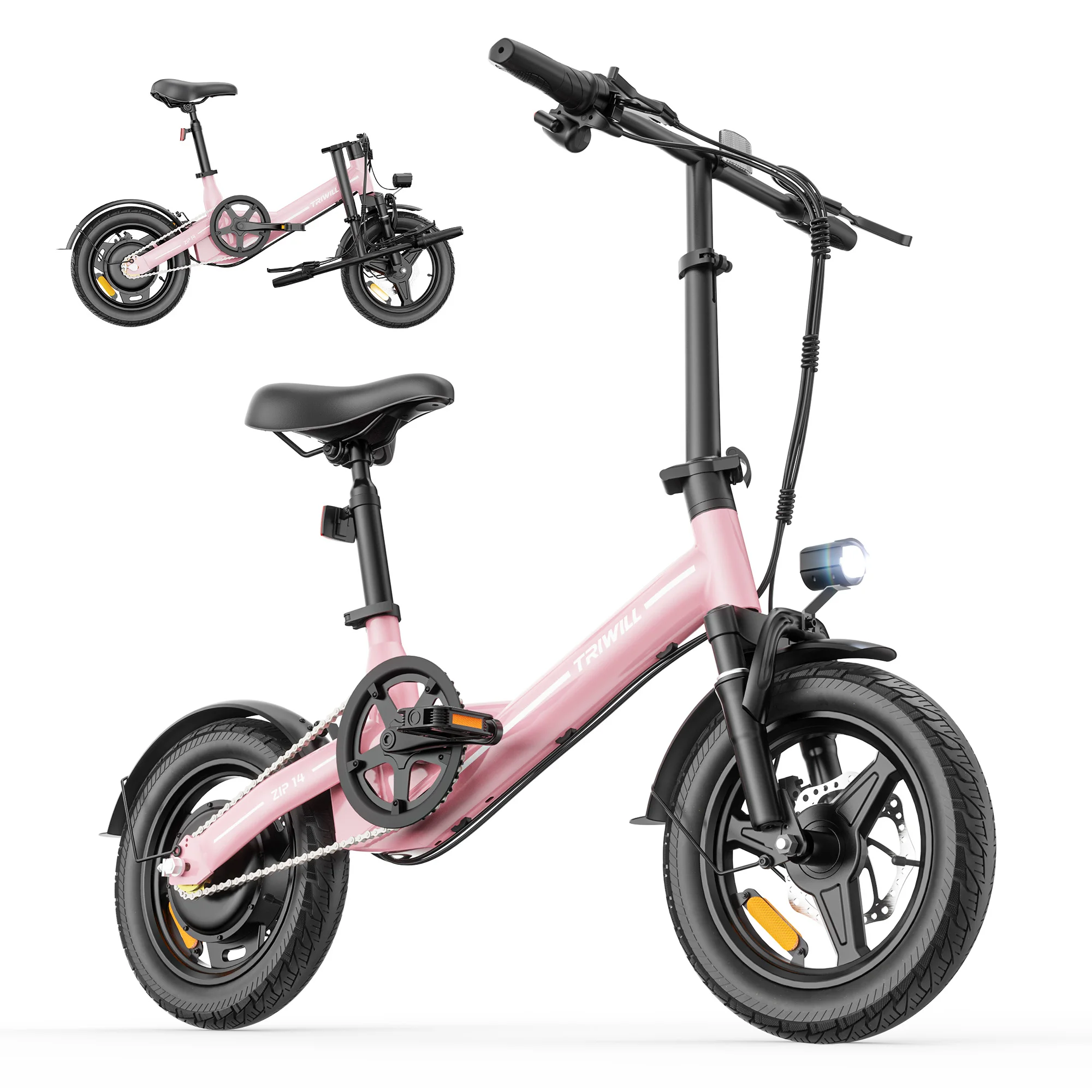 14 Inch Electric Bike Folding City Electric Bicycle 1000W Peak Adult Students Commuter E-Bike Pedelec 350W Motor 7.8Ah Battery Shock Absorbing Fork Mini Ebike Max 27km/h 10-12km Range Suitable Mechanical Disc Brakes Outdoor Camping Black Pink White image 2