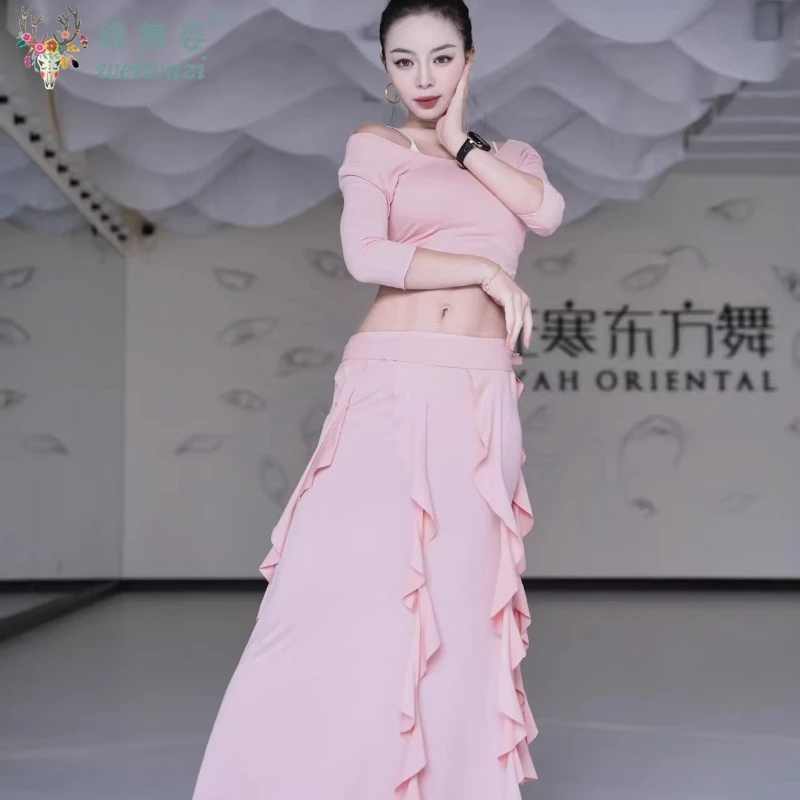 

Одежда для занятий танцами живота: сексуальный топ из молочного шелка с открытым животом и юбка для взрослых женщин, профессиональный костюм для восточных танцев