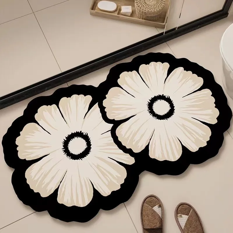 1PC Flower Pattern Diatomaceous Soil Bathroom Non-Slip Mat Decorative Floor Mat Super Absorbent Soft Shower Entrance Carpet