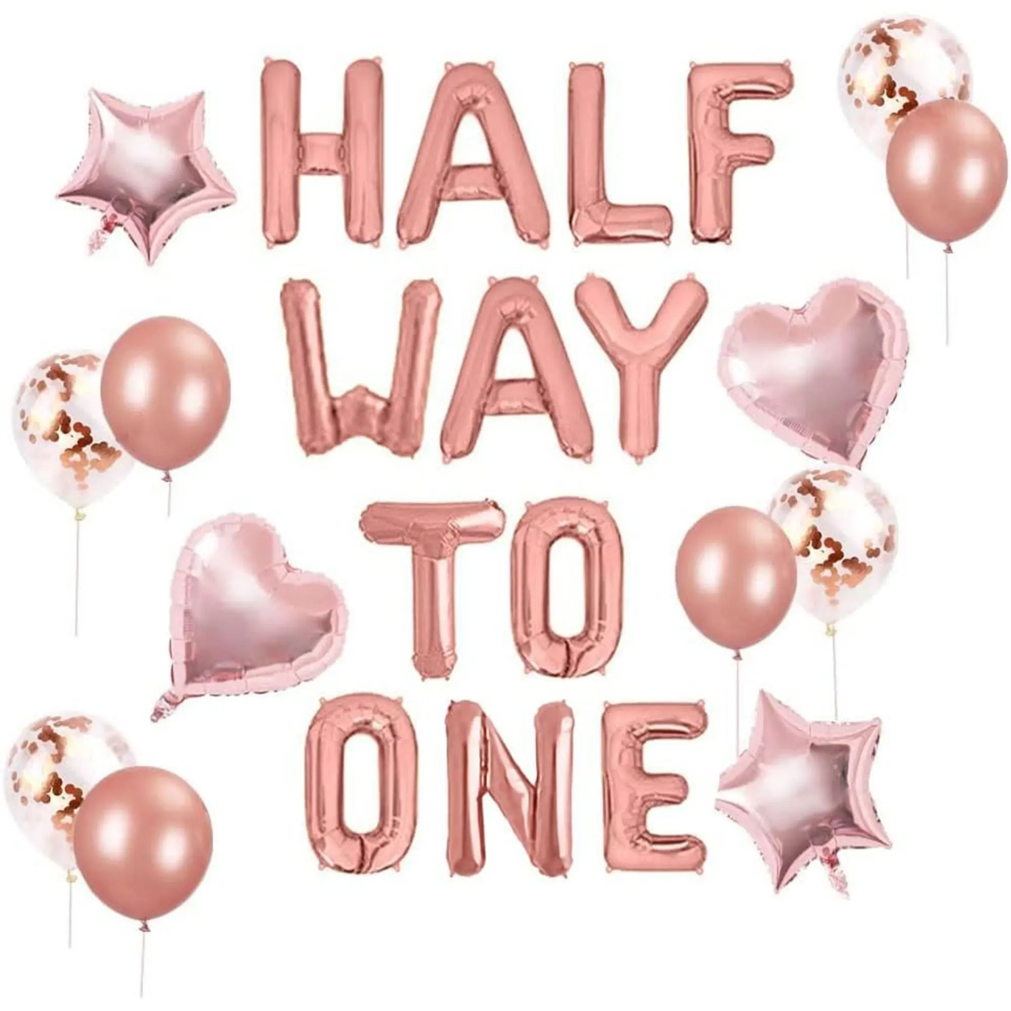 LaVenty 15 PCS Half Way To One Banner Half Way To One Rose Gold Balloons Decorations for Girl 1/2 Birthday Decorations