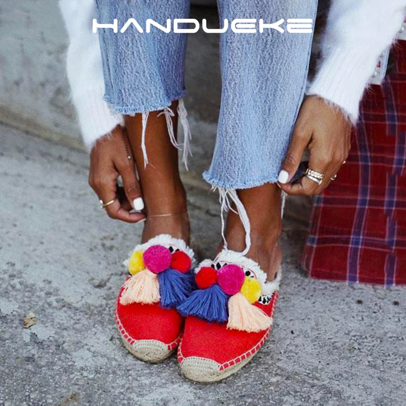 Insta Street Style Mules Shoes Women Espadrilles 2023 Summer Slippers Pompom Sandals Colorful Tassels Beach Slides Shoes Woman