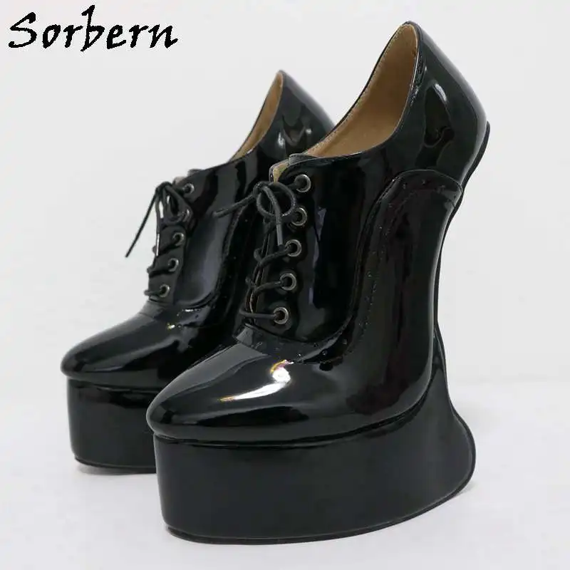 Sorbern Black Shiny Lace Up Bdsm Heelless Shoes 20cm High Heels Thick Platform Pump Patent Unisex Platform Shoes Plus Size 46