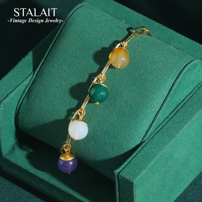 

Vintage Colorful Natural Stone Bracelet For Woman Charms Luxury Gold Color Chain Girlfriend Gift Purple Wedding Accessories 2025