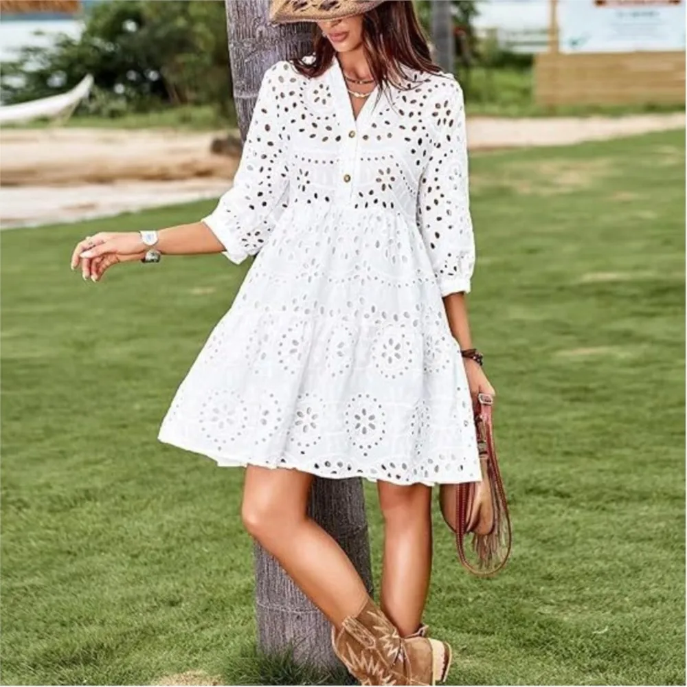 Spring Summer New Solid Color Hollow Out Fashion 7 Point Sleeve Dress Wmen\'s Casual Loose Simple Elegant Female Holiday Dresses