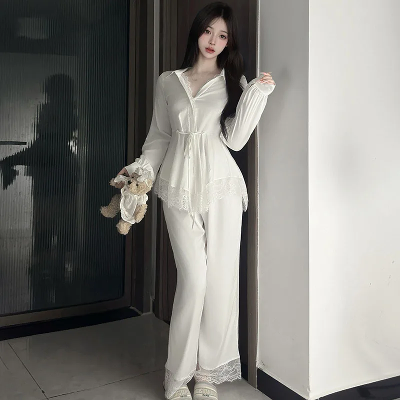 

French Style Satin Sexy Casual Women's Sleepwear Pure Desire Lace Long Sleeved Pants Loose Home Clothes 2 Piece White Pajamas