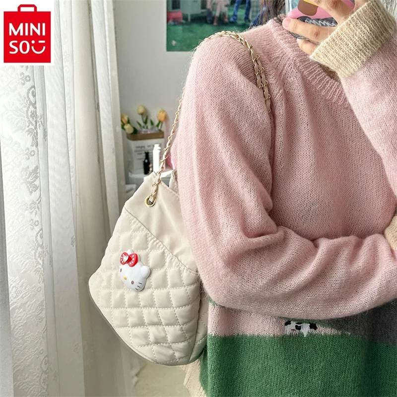 MINISO helloKitty Fashion Versatile Lingge Chain Bag Student Cartoon Print Large Capacity Sweet One Shoulder Crossbody Bag