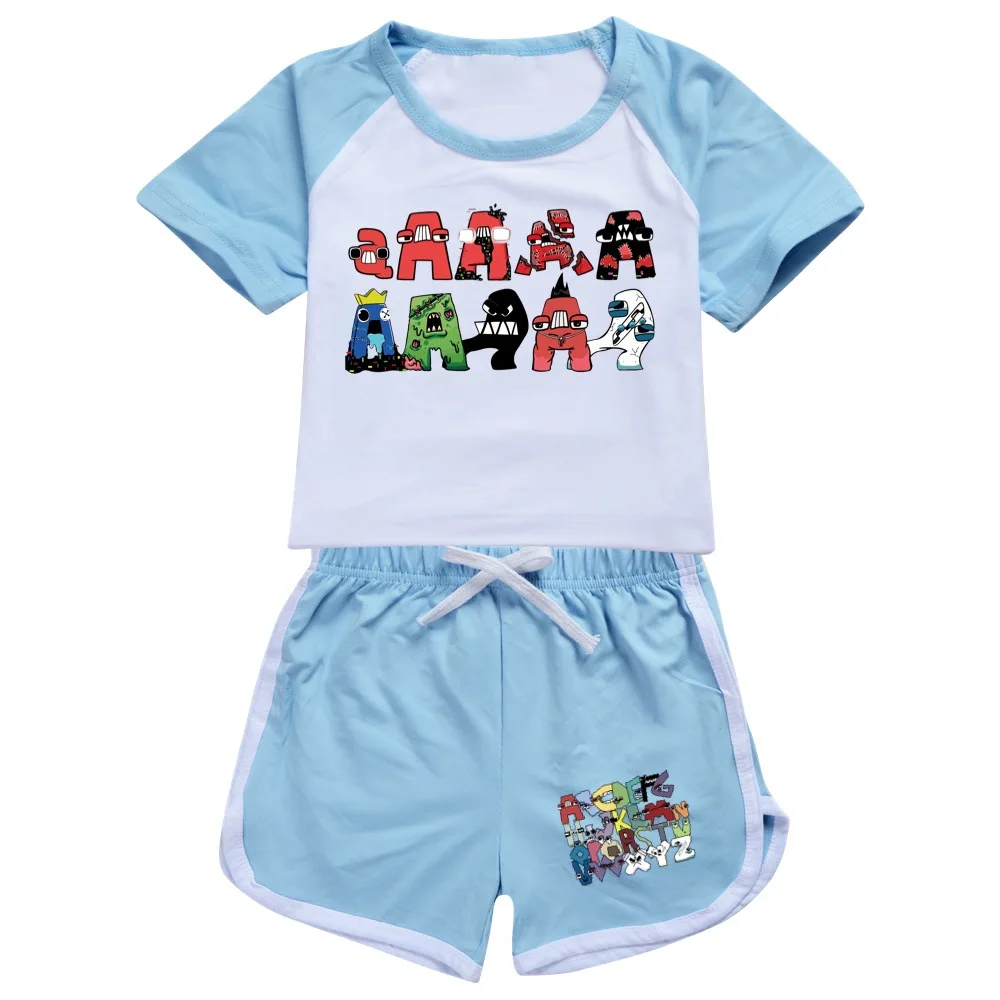 Alphabet Lore Children Short-Sleeved Pajamas Set Summer Boys Girls Casual Cotton Printed Tshirt Top+Pants Sports Outfits 2-16Y