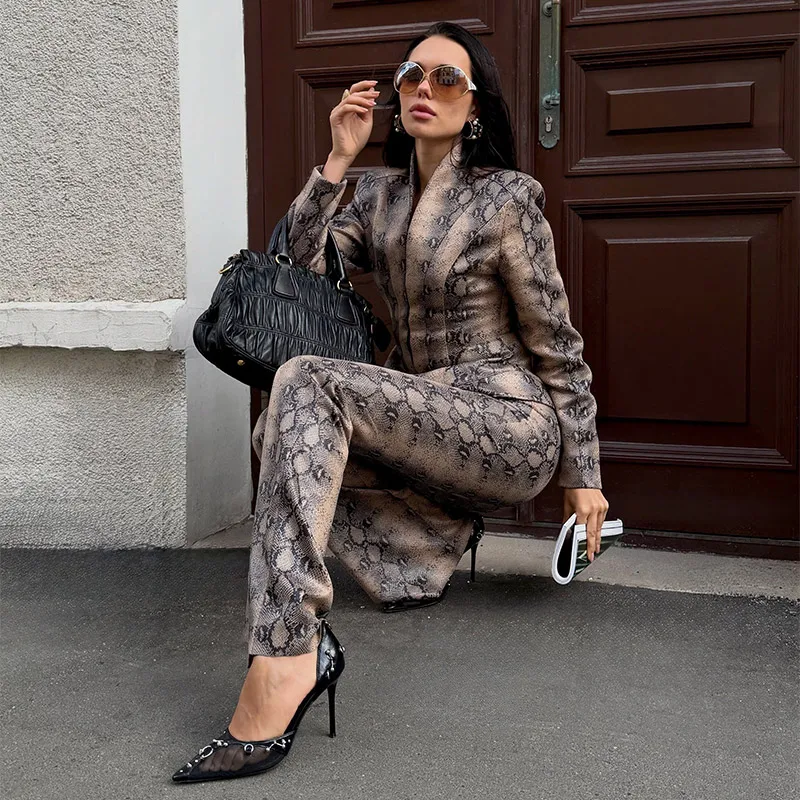 Schlangenmuster-Set mit V-Ausschnitt, Schnallenverschluss und Taillenbetonung: Mantel und Hose für Damen, Street-Style, Langarm, Schlanke Jacken, Schlaghosen, Neue Outfits – Detail 12