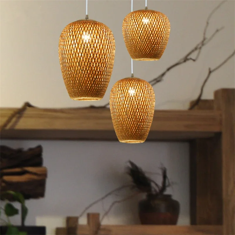 Bambusowy klosz lampy wisiorek Led naturalny Rattan wiklinowy żyrandole sufitowe ręcznie tkane E27 oprawy oświetleniowe wisząca lampa