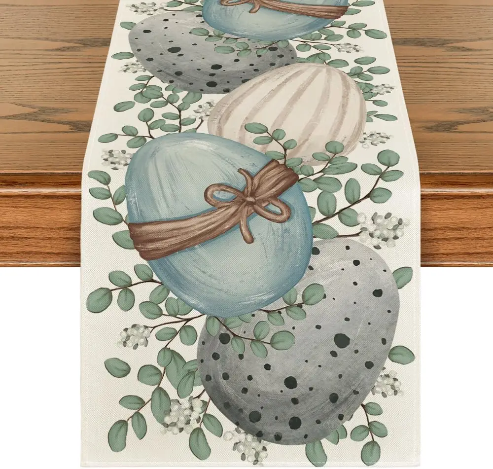 Eucalyptus Egg Easter Linen Table Runner Spring Farmhouse Kitchen Dining Table Decor for Indoor Outdoor Home Holiday Party Decor