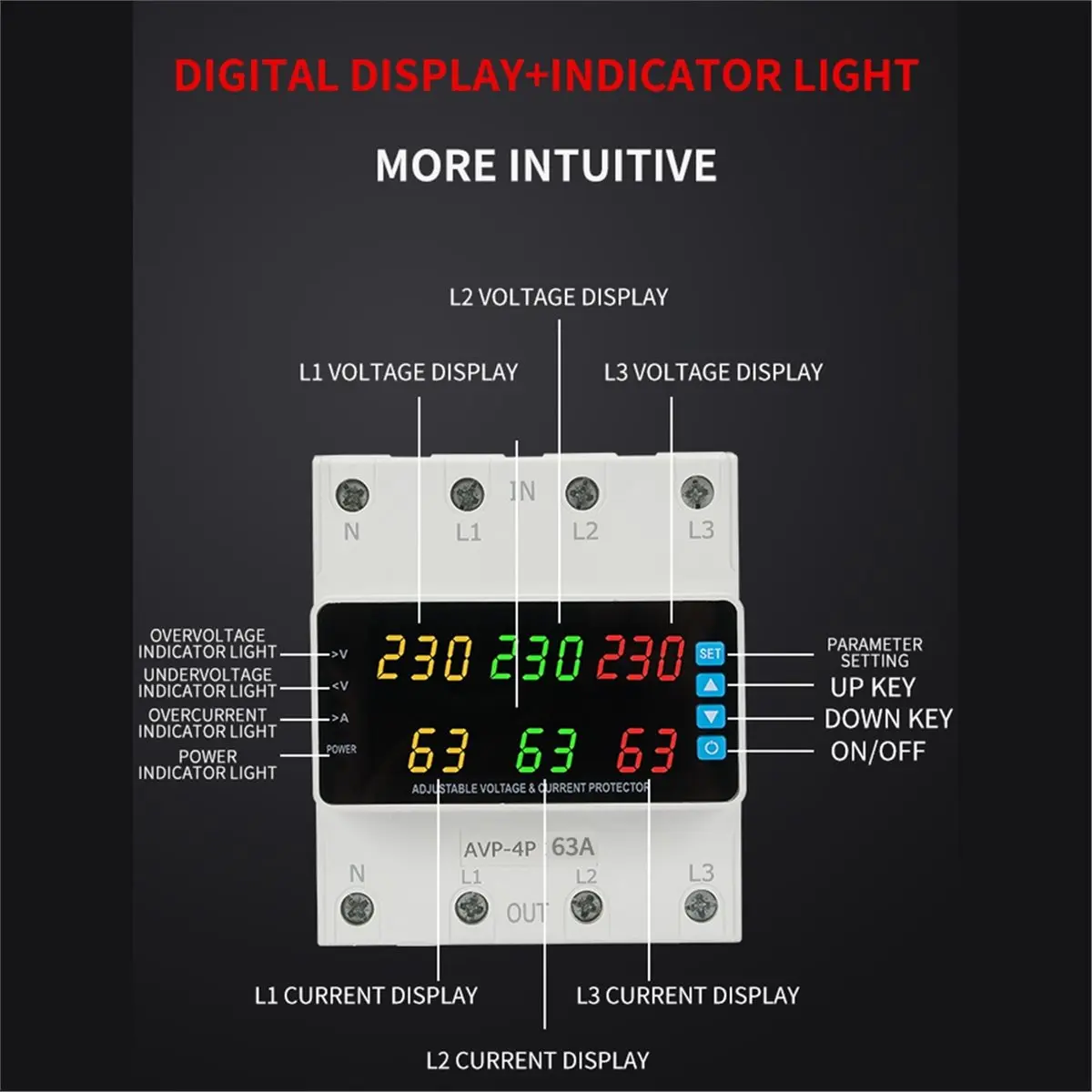 (AIMA) 3 Phase 220-380v Voltage Relay 63A Changeover Switch Overvoltage/Undervoltage/ Overcurrent/Phase Loss Protection Keep