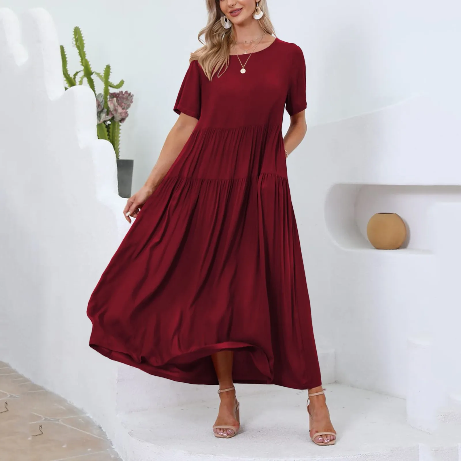 

2024 New Fashion Causal Summer Dresses For Women Loose Solid Long O-Neck Dress Vintage Short Sleeve Womens A-Line Long Dresses