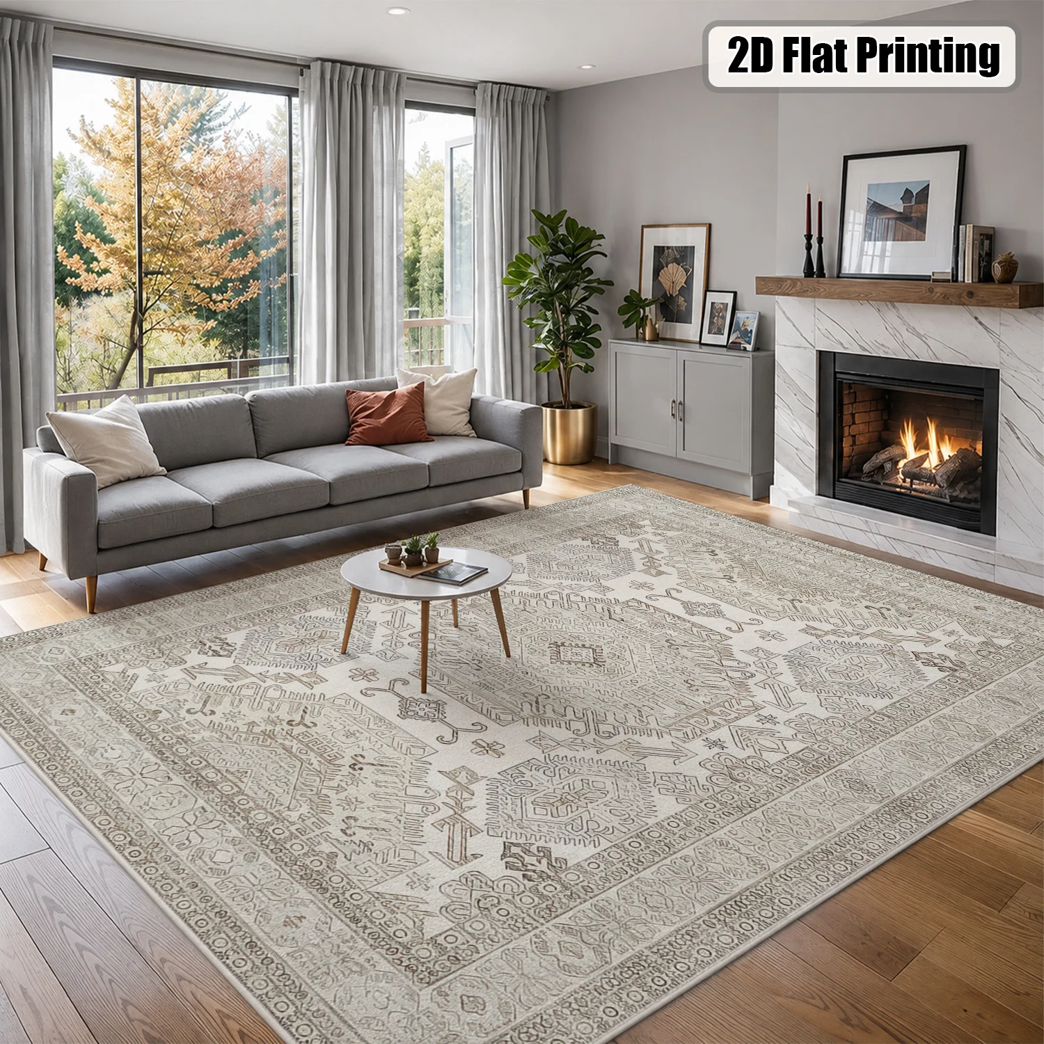 Large Indoor Area Rug, Soft Velvet Low Pile with Non-slip Dotted Backing, Machine Washable Vintage Tribal Geometric Neutral Beige Gray Rug for Living Room Bedroom - view 4