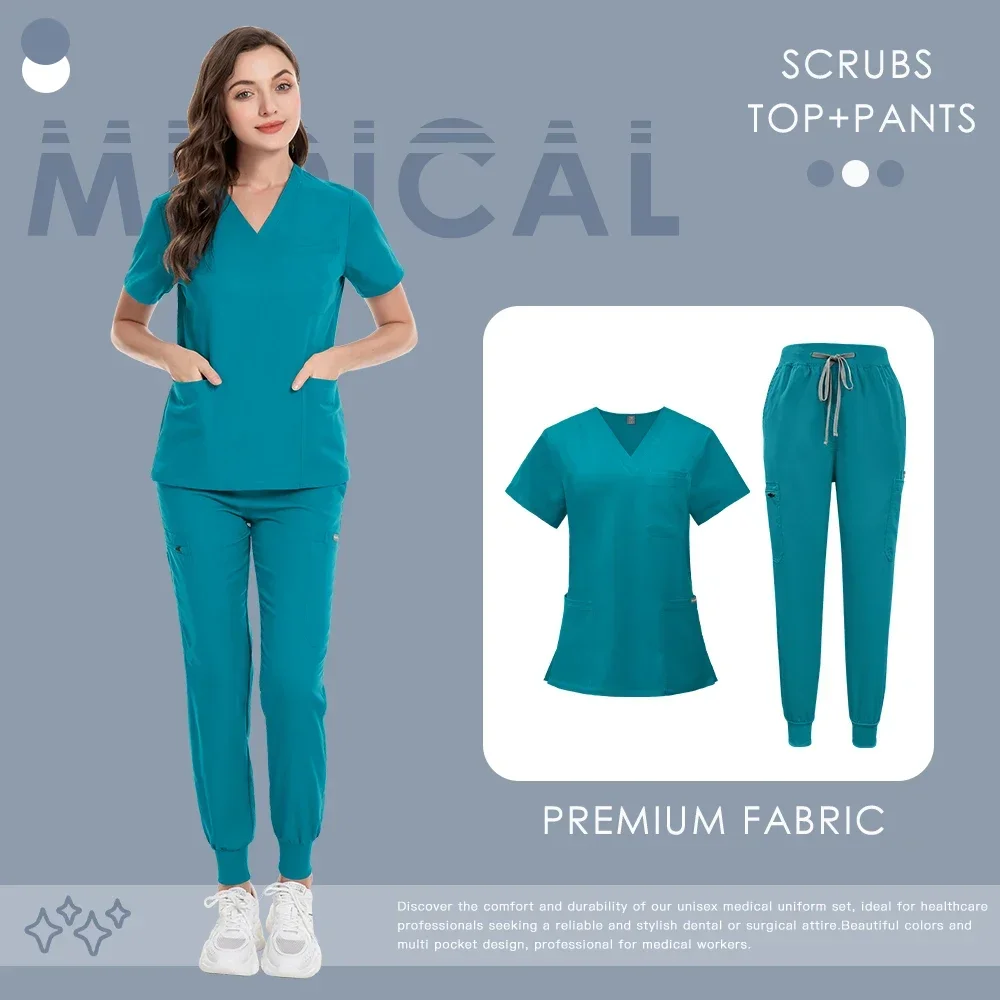 New Medical Nurse Uniforms Elatic V-neck Top Jogger Pants Woman Man Scrub Set Dental Vet Surgical Uniform Clinic Doctor Workwear