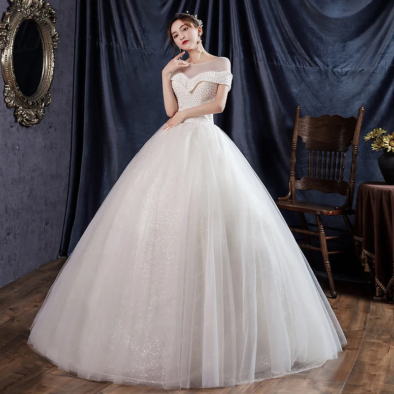 Starry Sky Wedding Dress One Shoulder Puff Skirt French Champagne Floor Pearl Light Yarn Customized