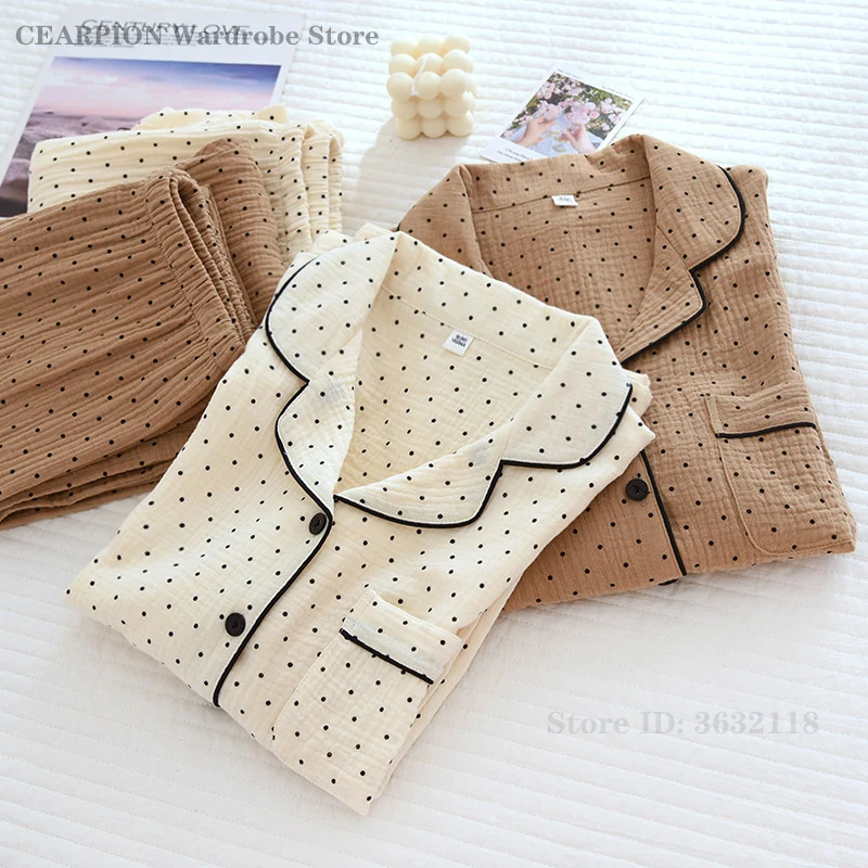 

100% Cotton Gauze Pajamas Set Polka Dot Print Sleepwear 2025 Spring New Female Nightwear Long Sleeved Trouser Pyjamas Loungewear