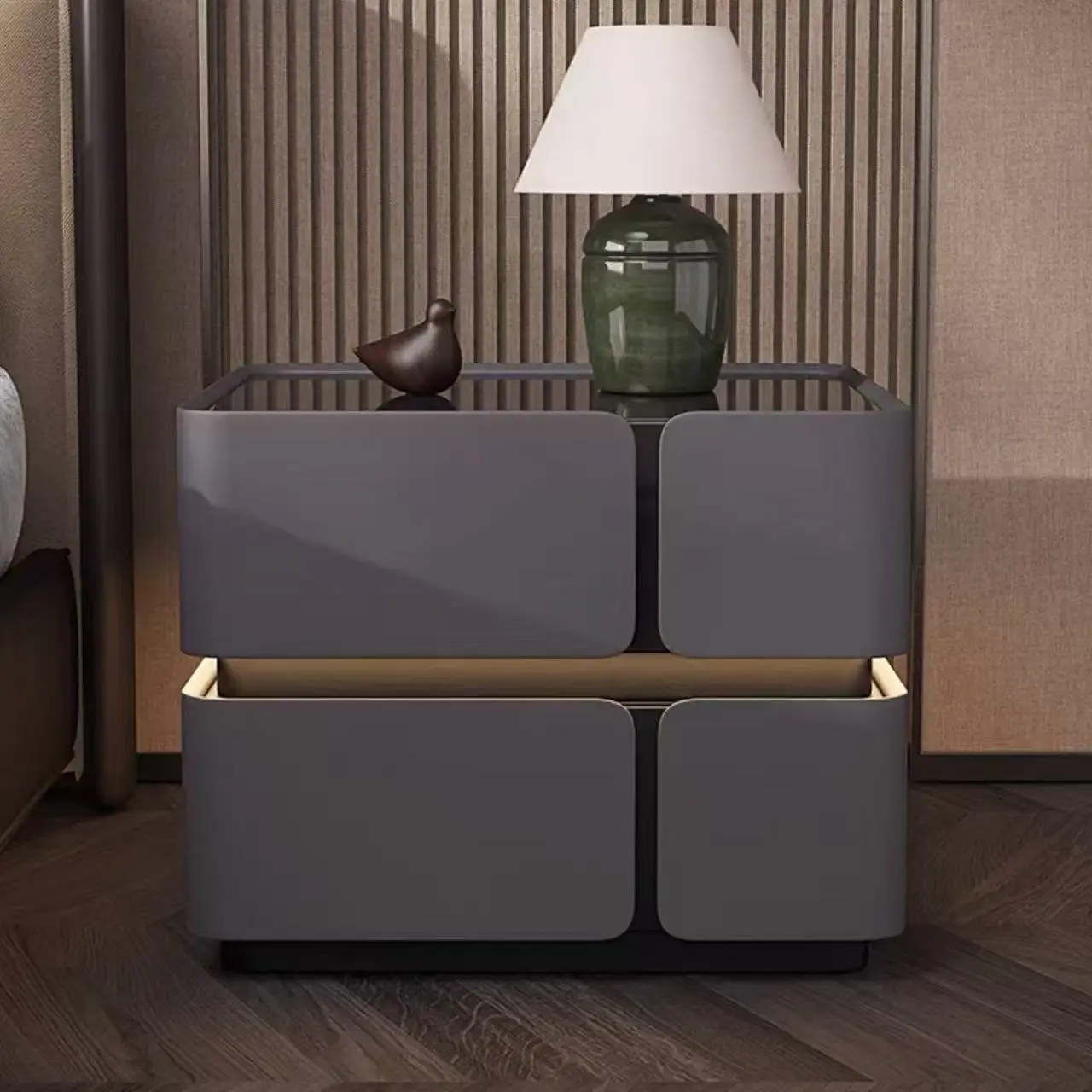 Modern Luxury Wood Smart Bedside Table with Led Light Wireless Charging Speakers 2 Drawer Bedroom White Leather Furniture Design - view 5
