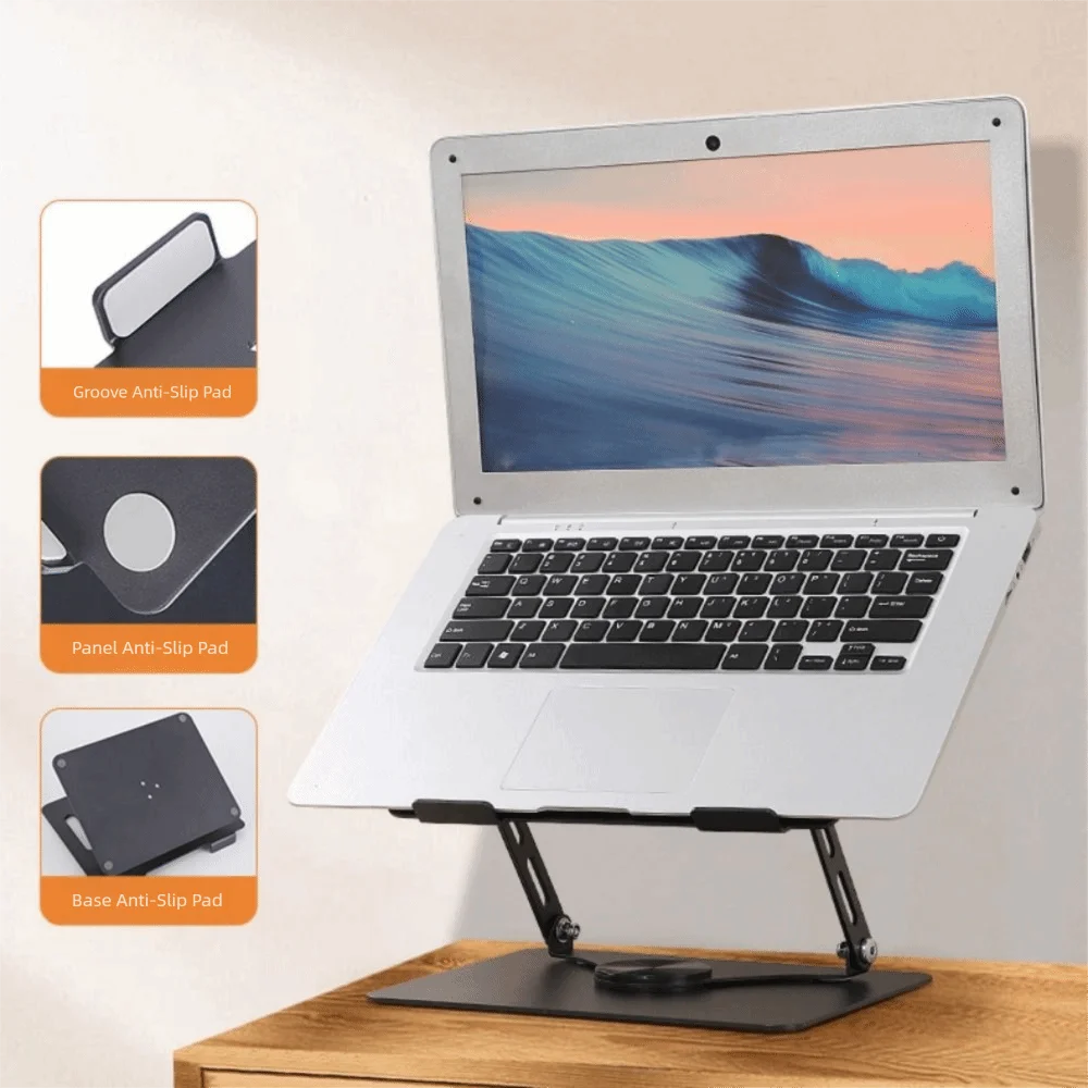 

360 Rotating Base Notebook Computer Stand Adjustable Foldable Computer Riser Hollow-Out Carbon Steel Tablet Cooling Fan Holder