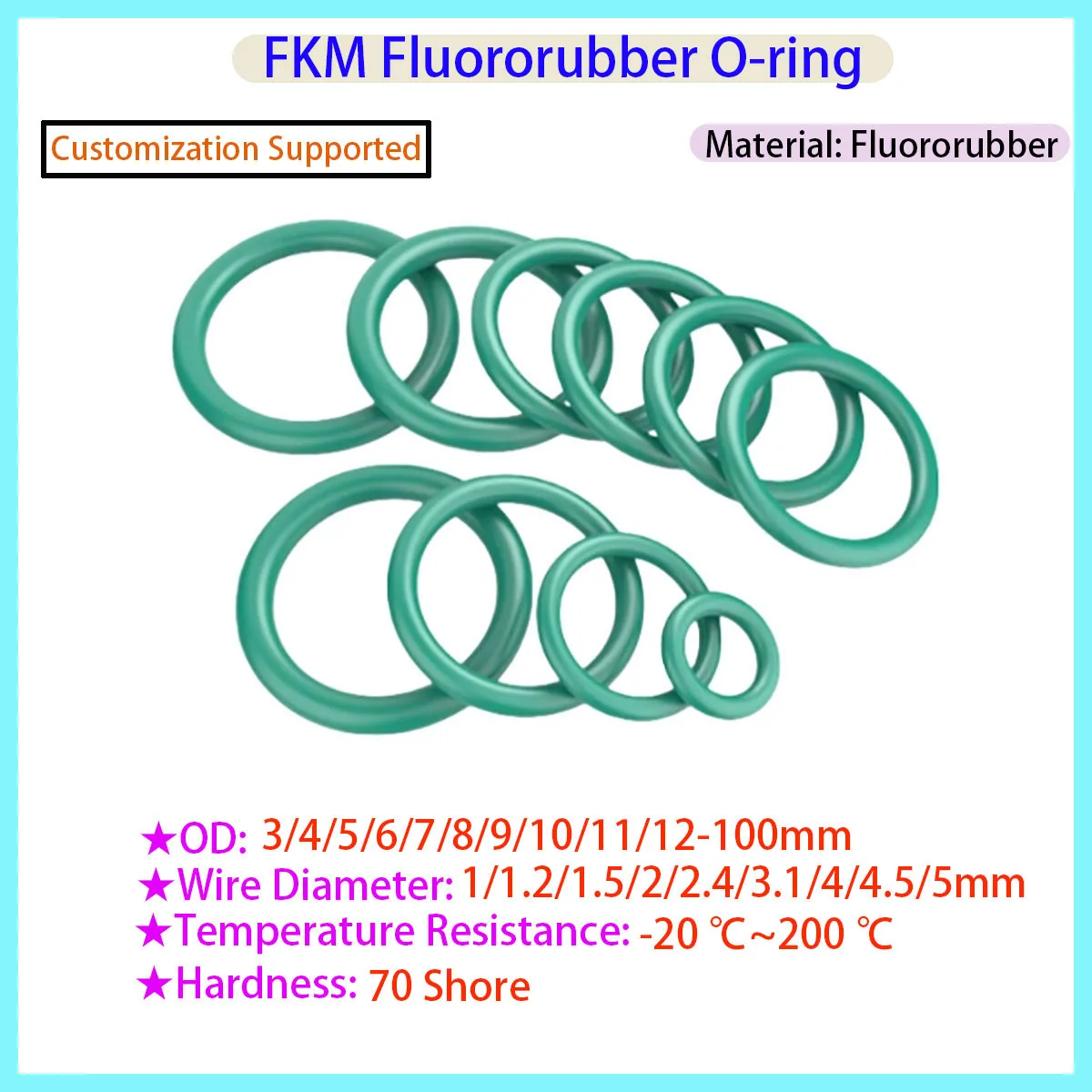 

Green FKM Fluororubber O-ring with A Thickness of 2.4/3.1/3.5mm and An Outer Diameter of 8-70mm