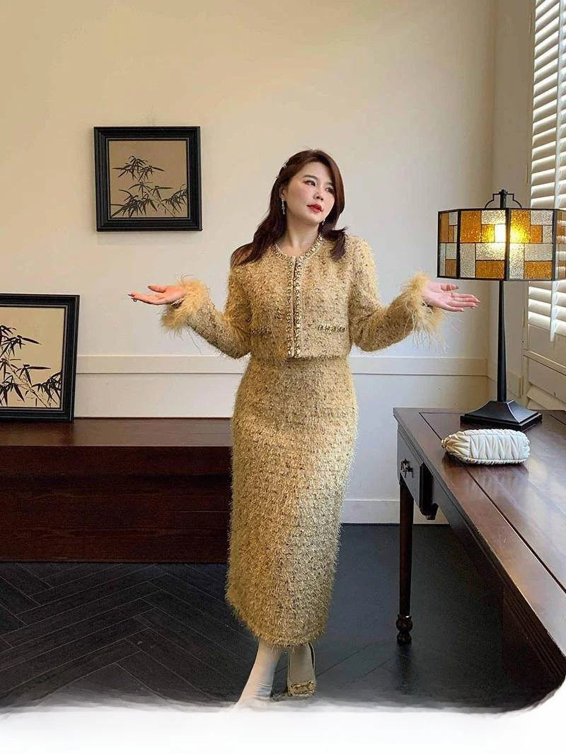 

Зимнее пальто ML Mole большого размера с перьями страуса, новое, из твида, прямого кроя, в стиле «Тысяча золотых», с эффектом «Sweet Sle S...»