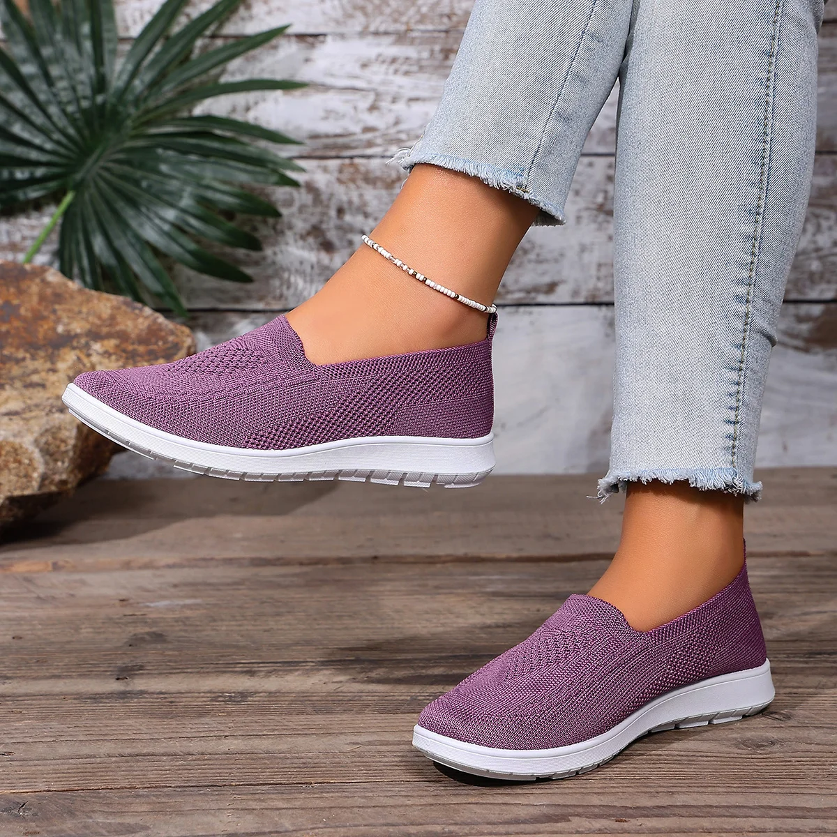 Leichte Damen-Strick-Flachschuhe, Slip-On-Sneaker, atmungsaktive Low-Top-Turnschuhe, Wanderschuhe mit hohler, weicher Sohle – Detail 14