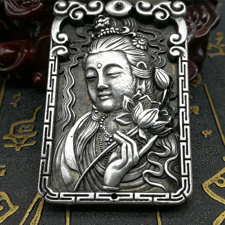 

Китай Коллекционная старая мяо серебряная резьба Гуаньинь бодхисаттва Гуань-инь Будда металлические поделки кулон ожерелье