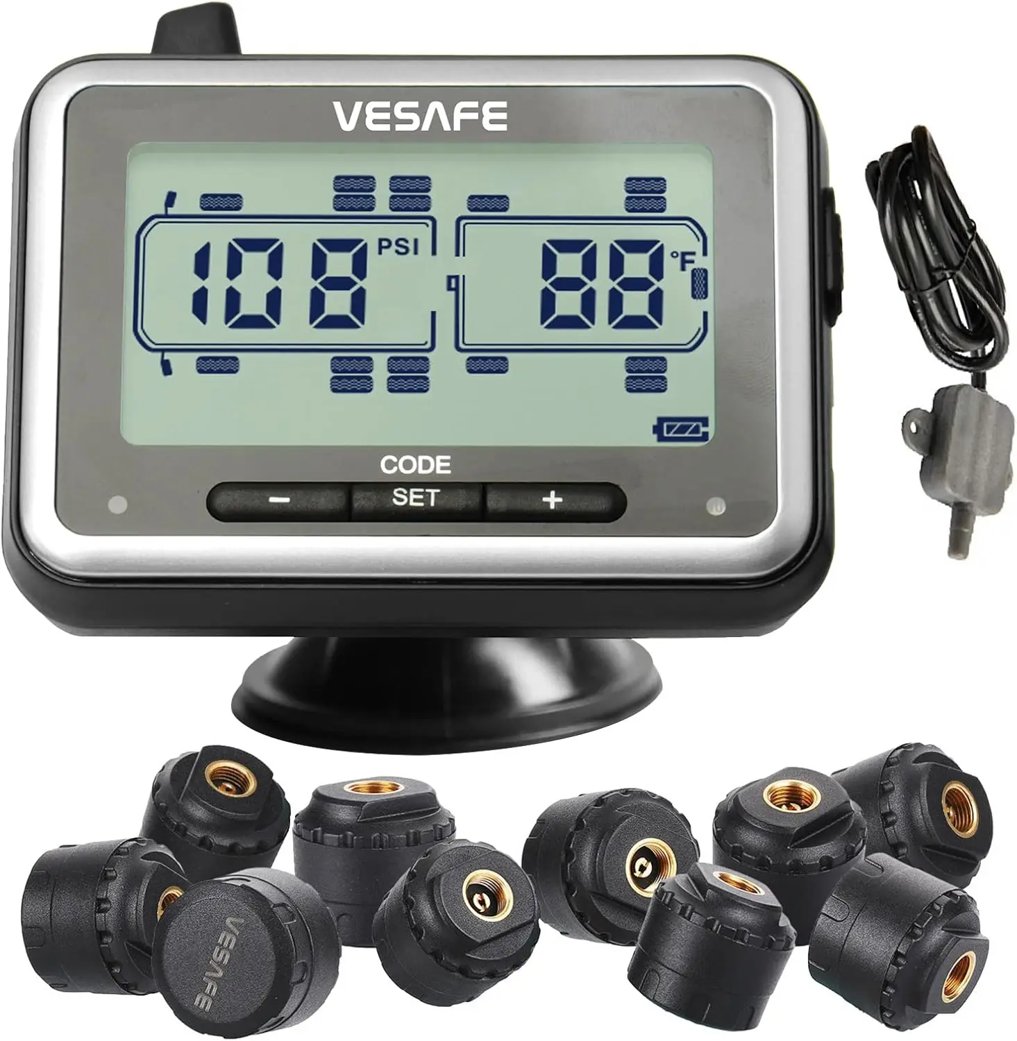 

Wireless Tire Pressure Monitoring System for RV, Trailer, Motor Home, Fifth Wheel, Including a Signal Booster and 10 Anti