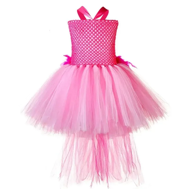 Bright Pink Girls' Formal Dress with Feather Decorations, High-Low Train Puffy Skirt for Kids' Halloween Parties & Ceremonies