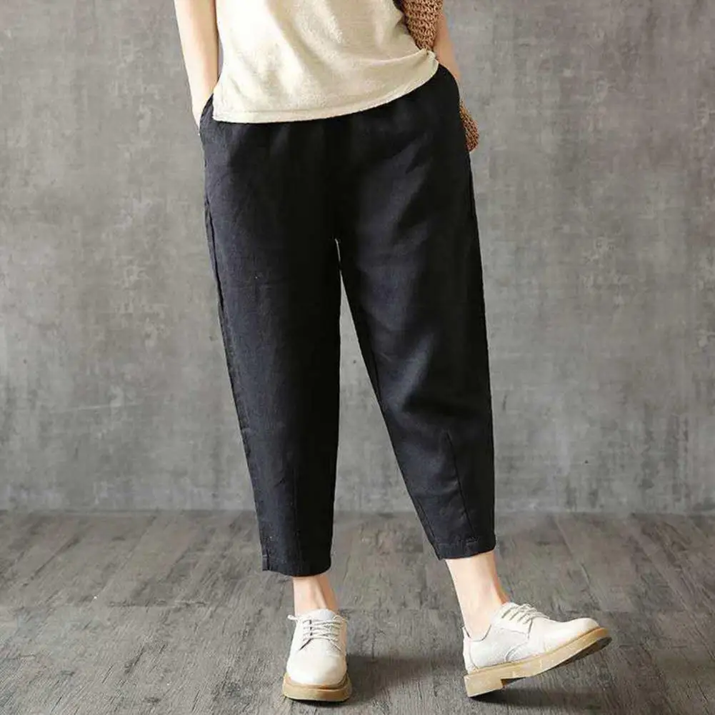 Women's Harem Pants Summer Cotton Linen Pants Breathable Ankle-length Trousers Casual Retro Loose Mom Pant Solid Pockets