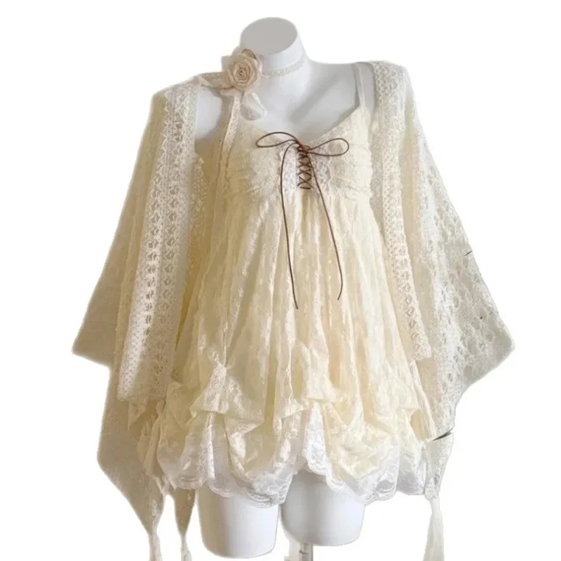 Kawaii Bow Mini Dresses Lolita Summer Sweet Halter Neck Polka Dot Women Lace Dresses French Elelgant Sexy Slim Party Dresses New